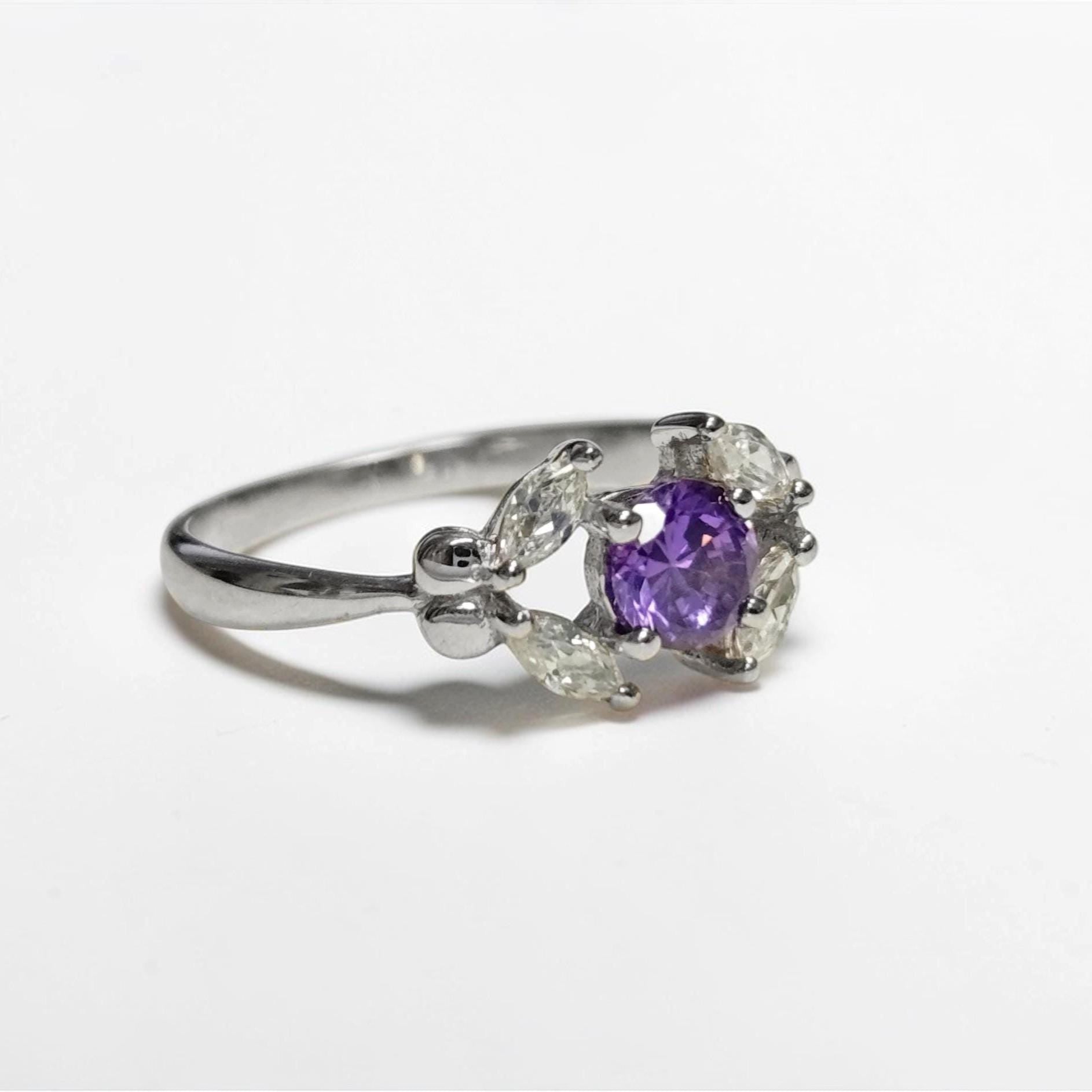 925 Sterling Silver Halo Ring Purple Amethyst CZ, Modern Small Solitaire Jewelry