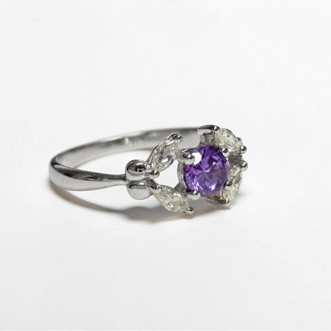 925 Sterling Silver Halo Ring Purple Amethyst CZ, Modern Small Solitaire Jewelry