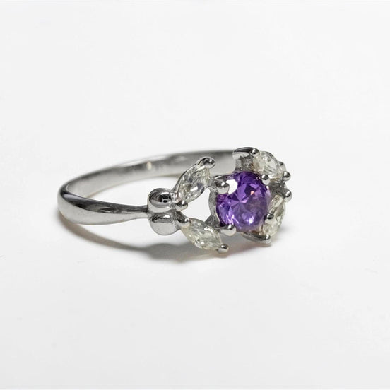 925 Sterling Silver Halo Ring Purple Amethyst CZ, Modern Small Solitaire Jewelry