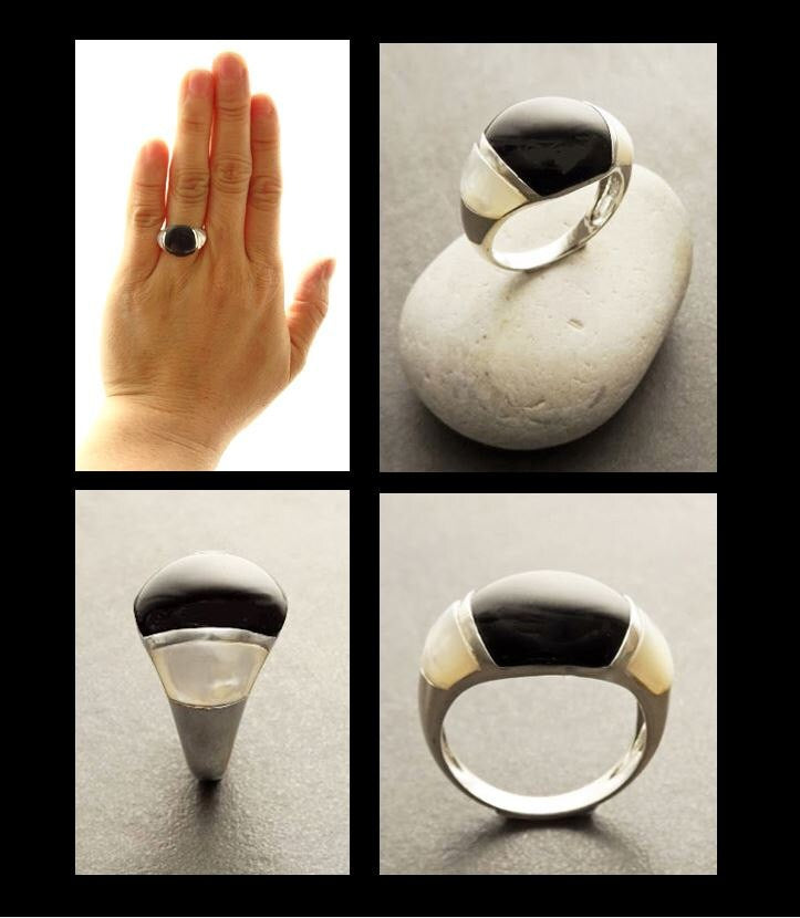 Black Domed Ring Sterling Silver, Domed Band jewelry, Bicolor Two tones Stones White Mother of Pearl, Onyx Stone, Minimalist Modern Design