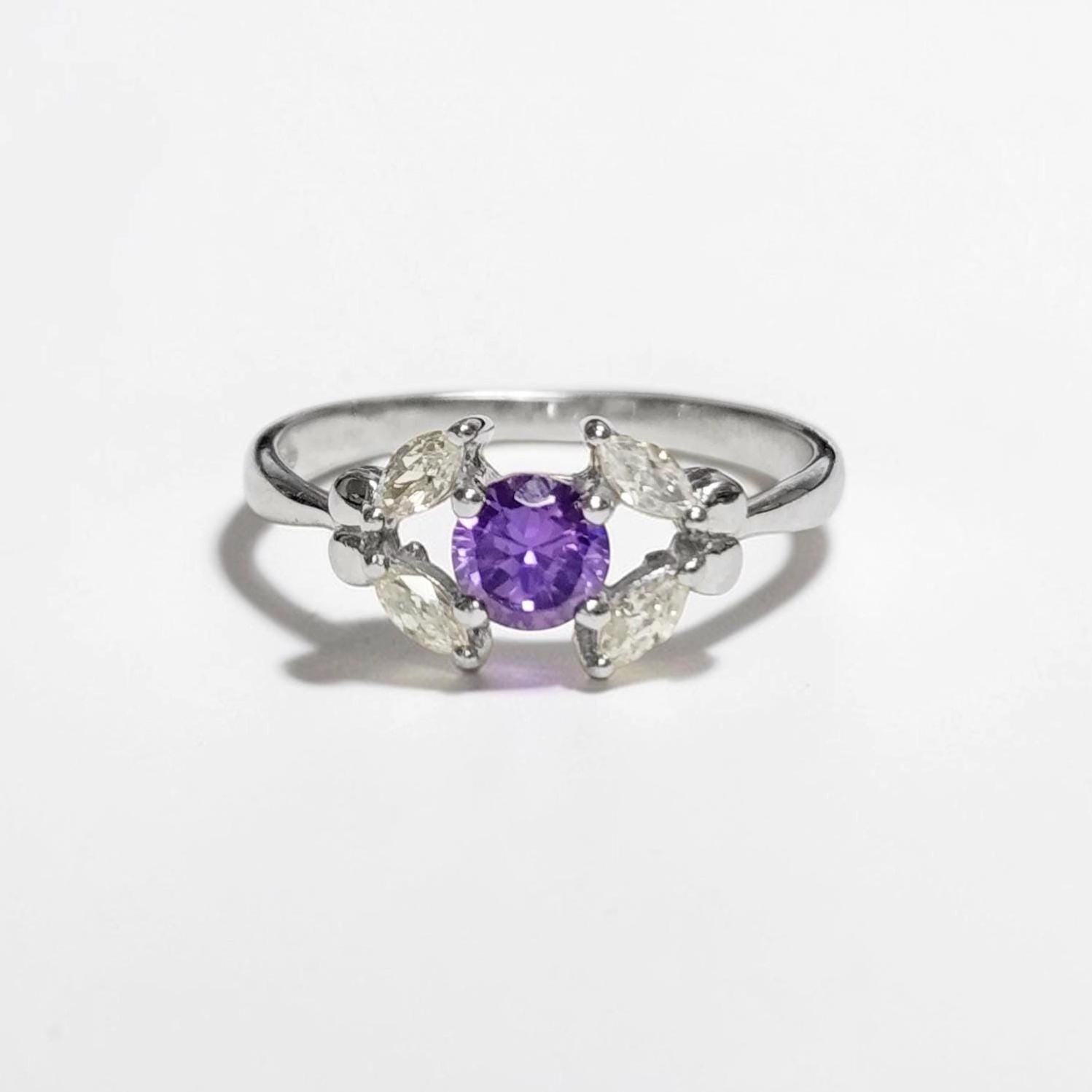 925 Sterling Silver Halo Ring Purple Amethyst CZ, Modern Small Solitaire Jewelry