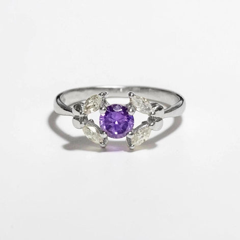 925 Sterling Silver Halo Ring Purple Amethyst CZ, Modern Small Solitaire Jewelry