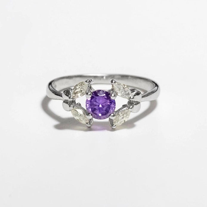 925 Sterling Silver Halo Ring Purple Amethyst CZ, Modern Small Solitaire Jewelry