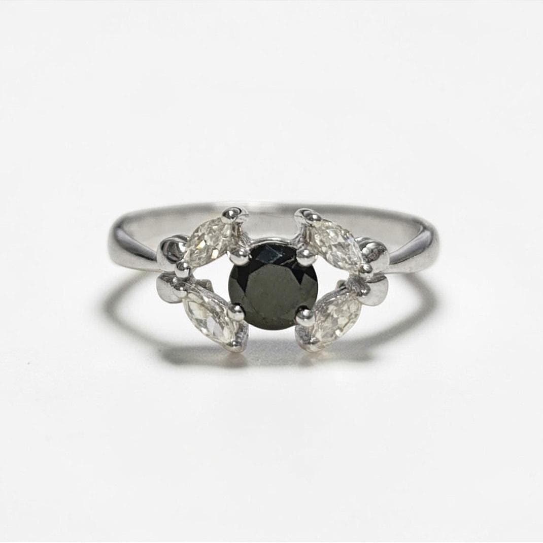 925 Sterling Silver Halo Ring, Black White CZ Stones, Modern Solitaire Small Jewelry