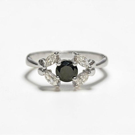 925 Sterling Silver Halo Ring, Black White CZ Stones, Modern Solitaire Small Jewelry