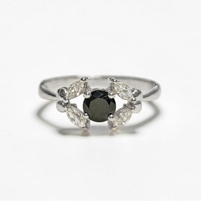925 Sterling Silver Halo Ring, Black White CZ Stones, Modern Solitaire Small Jewelry