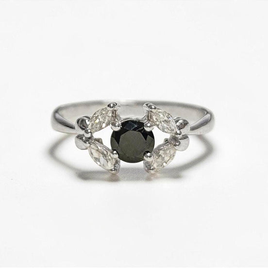 925 Sterling Silver Halo Ring, Black White CZ Stones, Modern Solitaire Small Jewelry