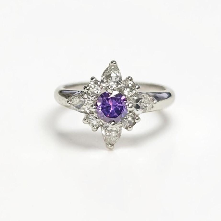 925 Purple Sterling Silver Ring, North Star Amethyst Color Stone (CZ), White Clear (CZ) Stones, Modern Jewelry