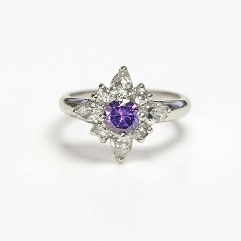 925 Purple Sterling Silver Ring, North Star Amethyst Color Stone (CZ), White Clear (CZ) Stones, Modern Jewelry