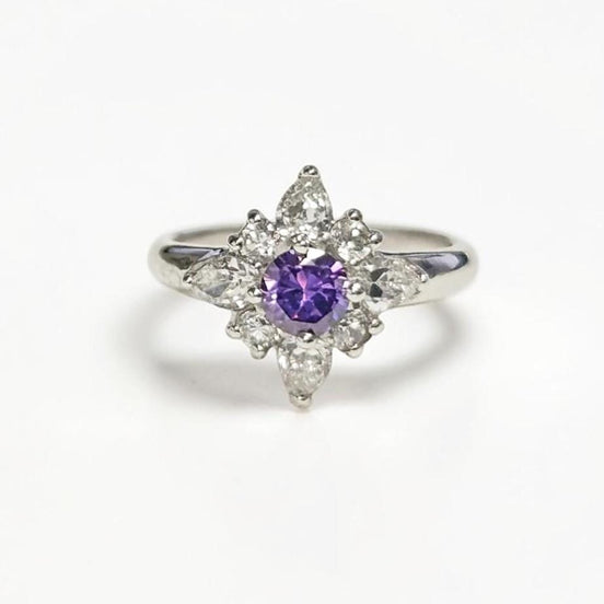 925 Purple Sterling Silver Ring, North Star Amethyst Color Stone (CZ), White Clear (CZ) Stones, Modern Jewelry