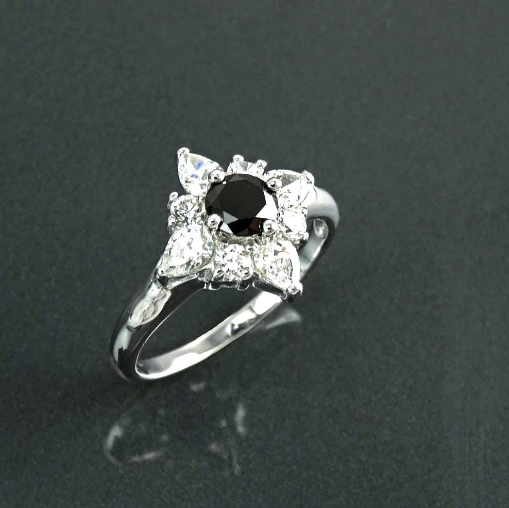 925 Sterling Silver Black North Star Ring, Pave CZ Cluster, Modern White and Black Stone Ring