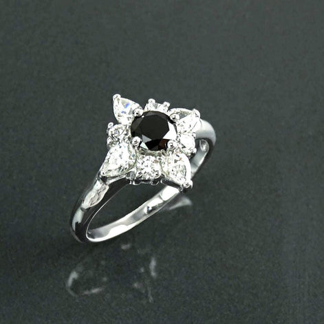 925 Sterling Silver Black North Star Ring, Pave CZ Cluster, Modern White and Black Stone Ring