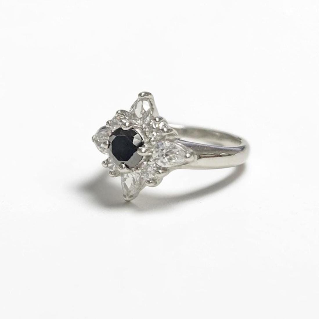 925 Sterling Silver Black North Star Ring, Pave CZ Cluster, Modern White and Black Stone Ring