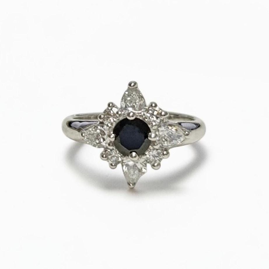 925 Sterling Silver Black North Star Ring, Pave CZ Cluster, Modern White and Black Stone Ring