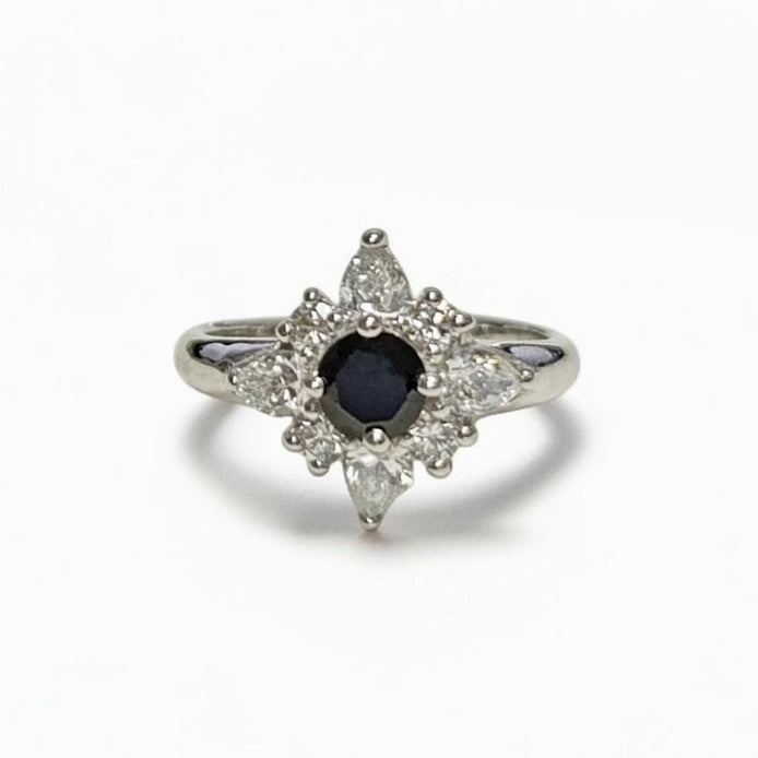 925 Sterling Silver Black North Star Ring, Pave CZ Cluster, Modern White and Black Stone Ring