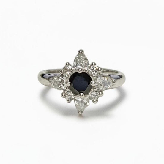 925 Sterling Silver Black North Star Ring, Pave CZ Cluster, Modern White and Black Stone Ring