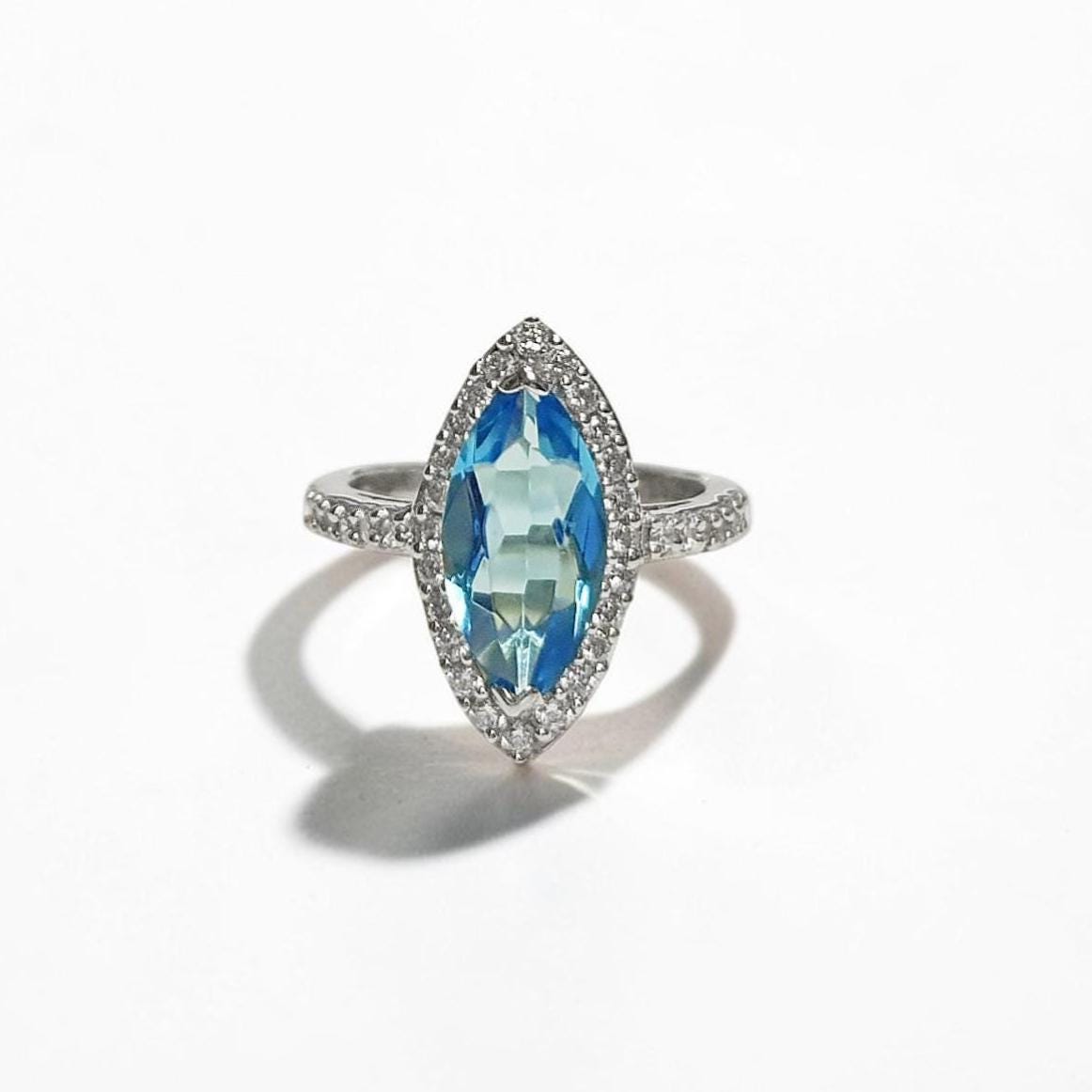 925 Blue Oval Ring Sterling Silver, Marquise Form Shape, Topaz Color Cz stone and White Stones CZ, Woman Jewelry