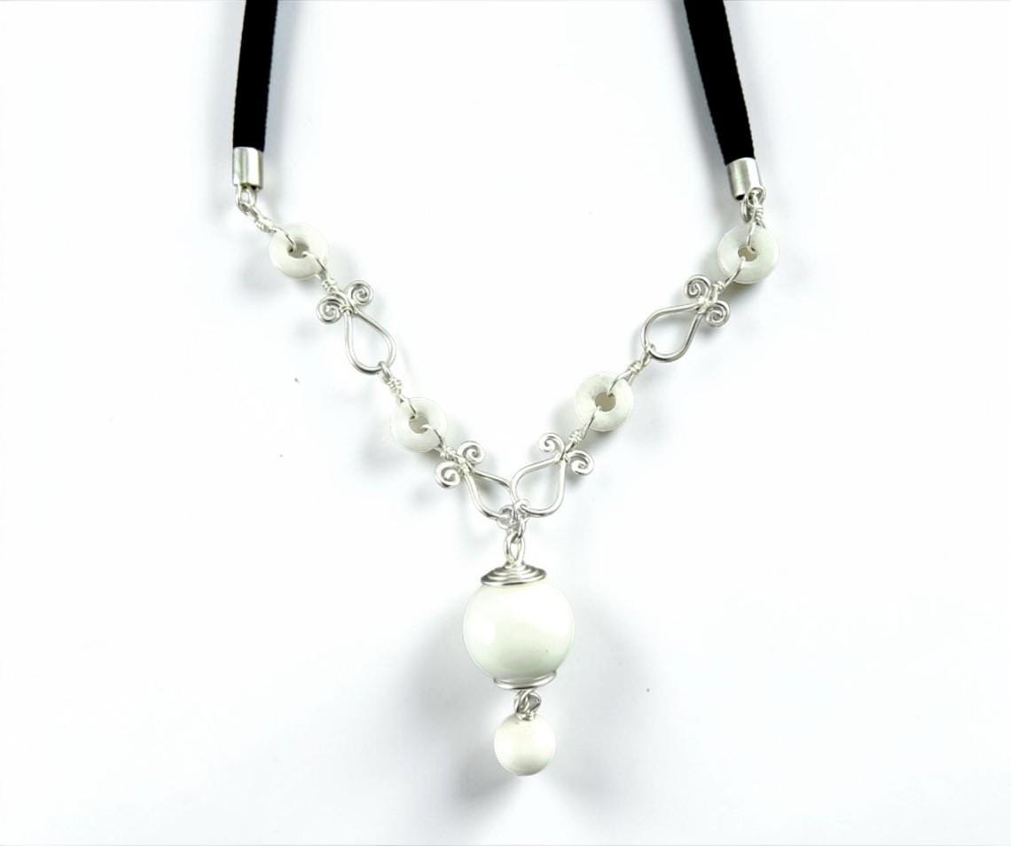 White Agate Necklace • Sterling Silver Chain • Black Leather Cord • Refined Artisan Gift for Her