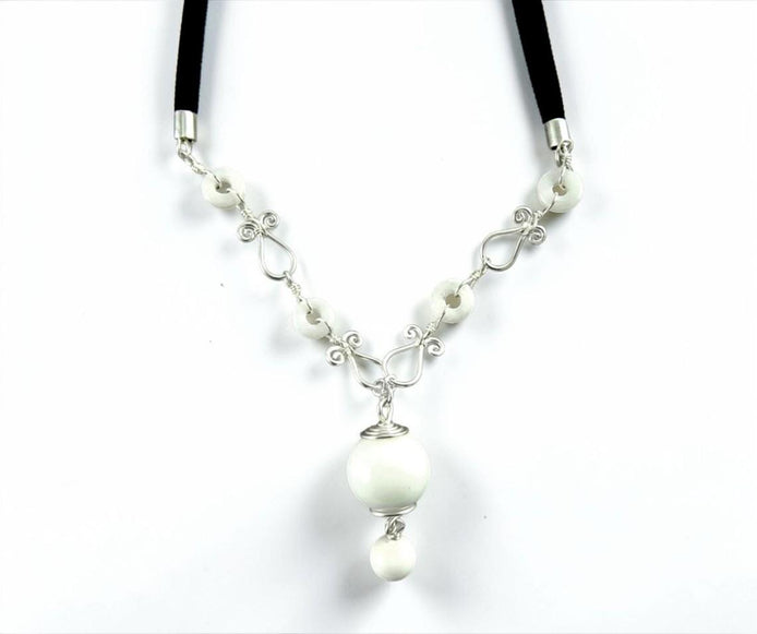 White Agate Necklace • Sterling Silver Chain • Black Leather Cord • Refined Artisan Gift for Her