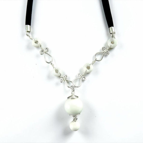 White Agate Necklace • Sterling Silver Chain • Black Leather Cord • Refined Artisan Gift for Her