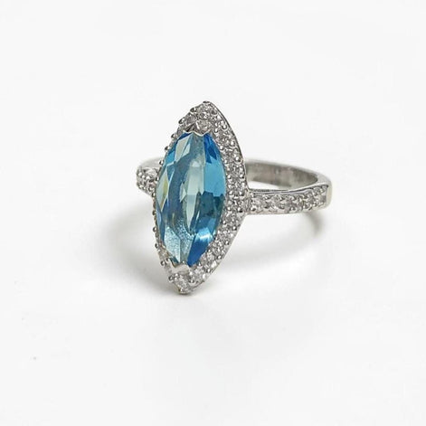 925 Blue Oval Ring Sterling Silver, Marquise Form Shape, Topaz Color Cz stone and White Stones CZ, Woman Jewelry