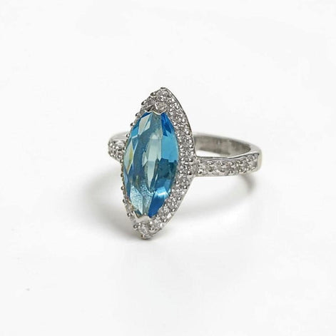 925 Blue Oval Ring Sterling Silver, Marquise Form Shape, Topaz Color Cz stone and White Stones CZ, Woman Jewelry