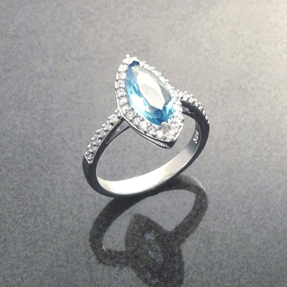 925 Blue Oval Ring Sterling Silver, Marquise Form Shape, Topaz Color Cz stone and White Stones CZ, Woman Jewelry