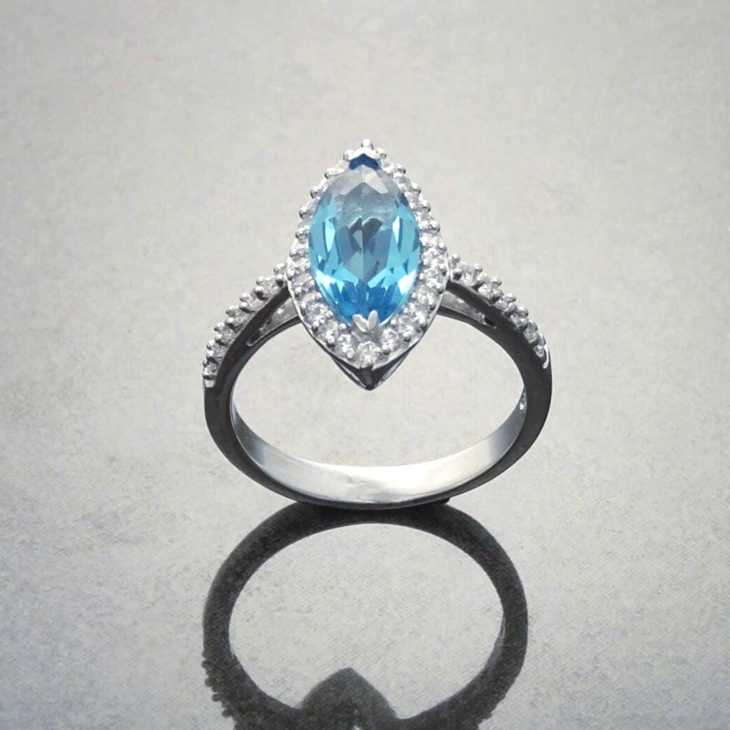 925 Blue Oval Ring Sterling Silver, Marquise Form Shape, Topaz Color Cz stone and White Stones CZ, Woman Jewelry