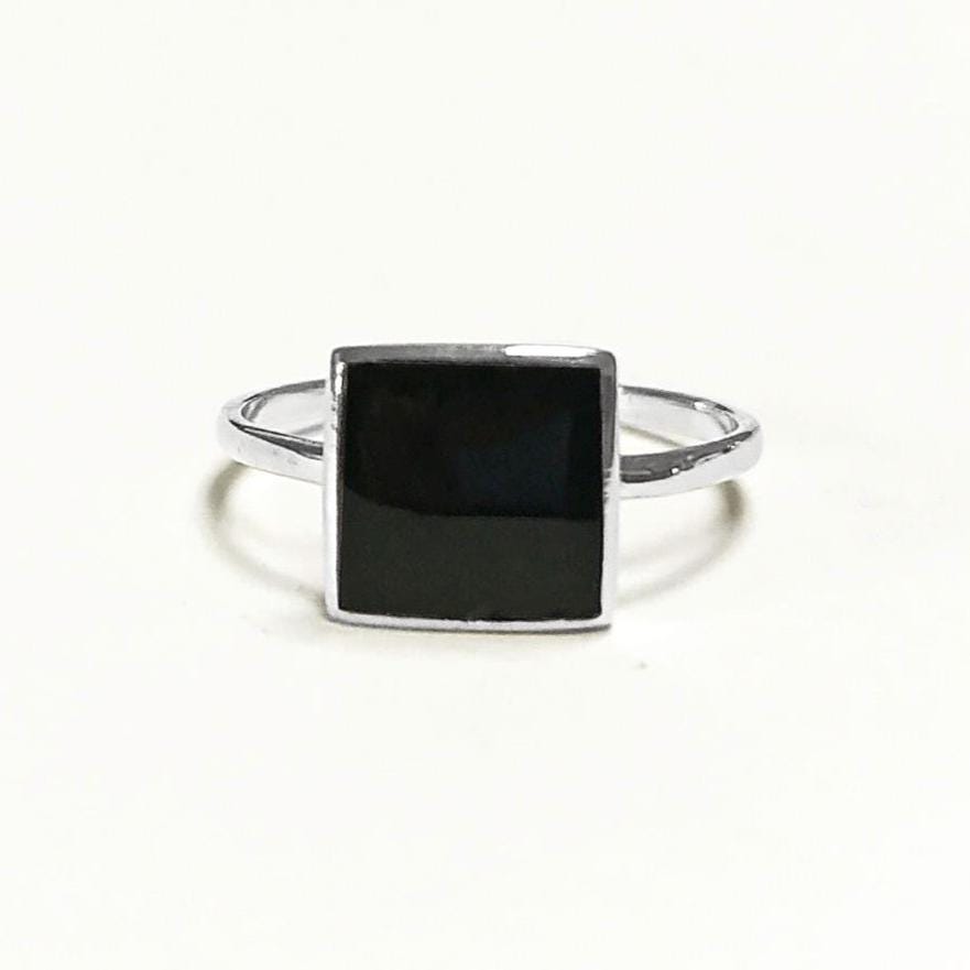 Black Onyx Ring, Stacking Ring 925 Sterling Ring - Square Ring - Minimalist Ring - Affordable Ring - Black Stone Ring - Dainty Silver Ring.