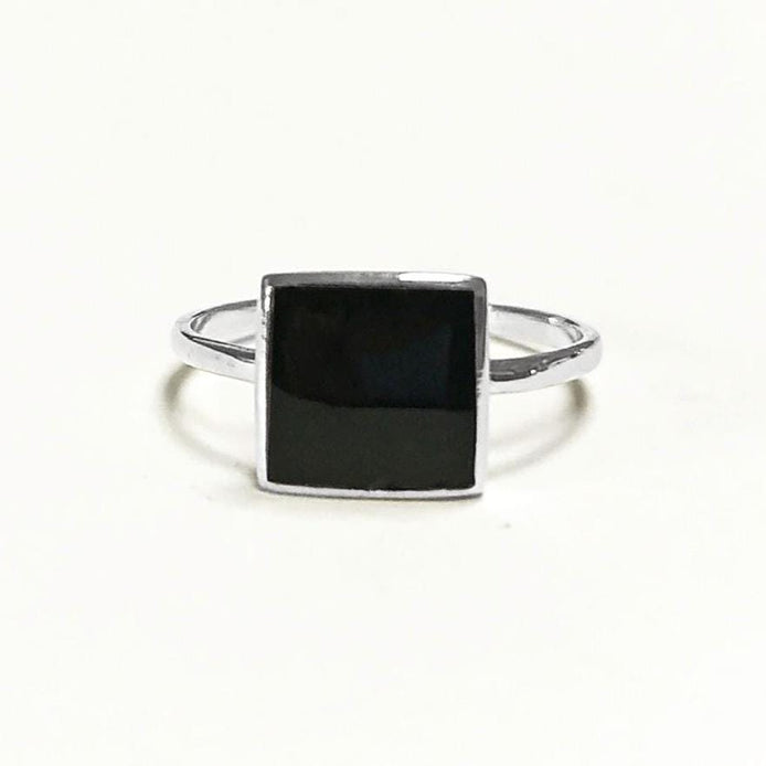 Black Onyx Ring, Stacking Ring 925 Sterling Ring - Square Ring - Minimalist Ring - Affordable Ring - Black Stone Ring - Dainty Silver Ring.