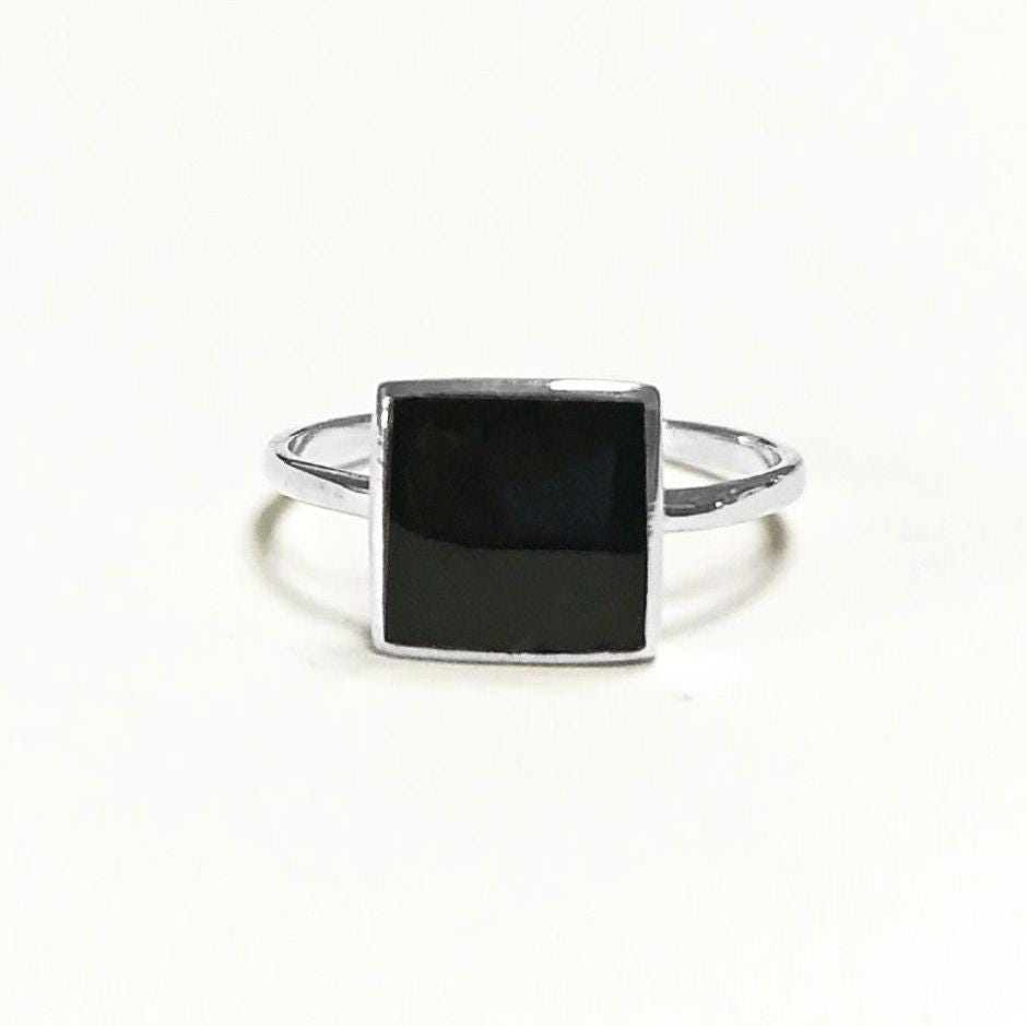 Black Onyx Ring, Stacking Ring 925 Sterling Ring - Square Ring - Minimalist Ring - Affordable Ring - Black Stone Ring - Dainty Silver Ring.