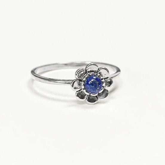 925 Lapis Flower Ring, Sterling Silver, Minimalist Blue Lapis Stone Jewelry, Small Round Lapis Stone Ring, September Birthstone,