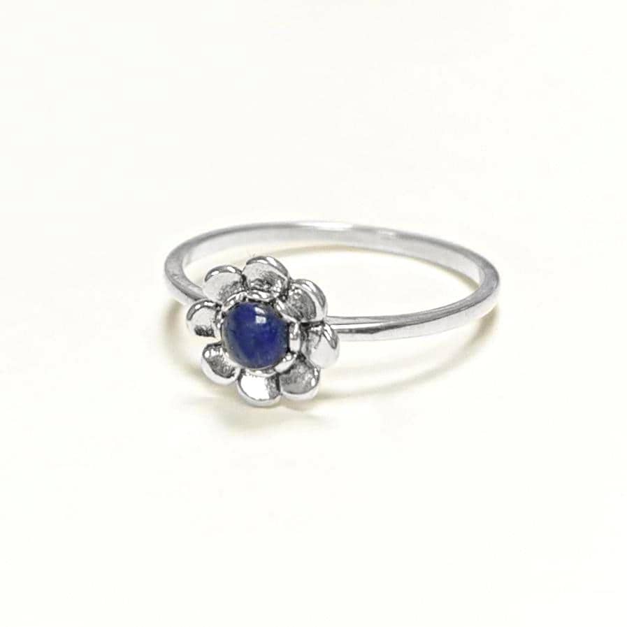 925 Lapis Flower Ring, Sterling Silver, Minimalist Blue Lapis Stone Jewelry, Small Round Lapis Stone Ring, September Birthstone,