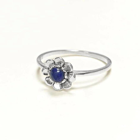 925 Lapis Flower Ring, Sterling Silver, Minimalist Blue Lapis Stone Jewelry, Small Round Lapis Stone Ring, September Birthstone,