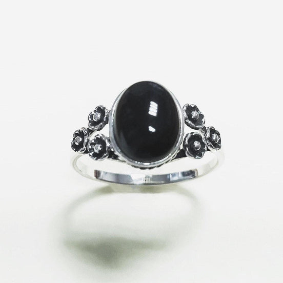 Black Boho Ring, Sterling Silver, Shiny Oval Stone, Genuine Onyx Gemstone, Jewelry, Dainty Vintage Gothic Flower Style Ring