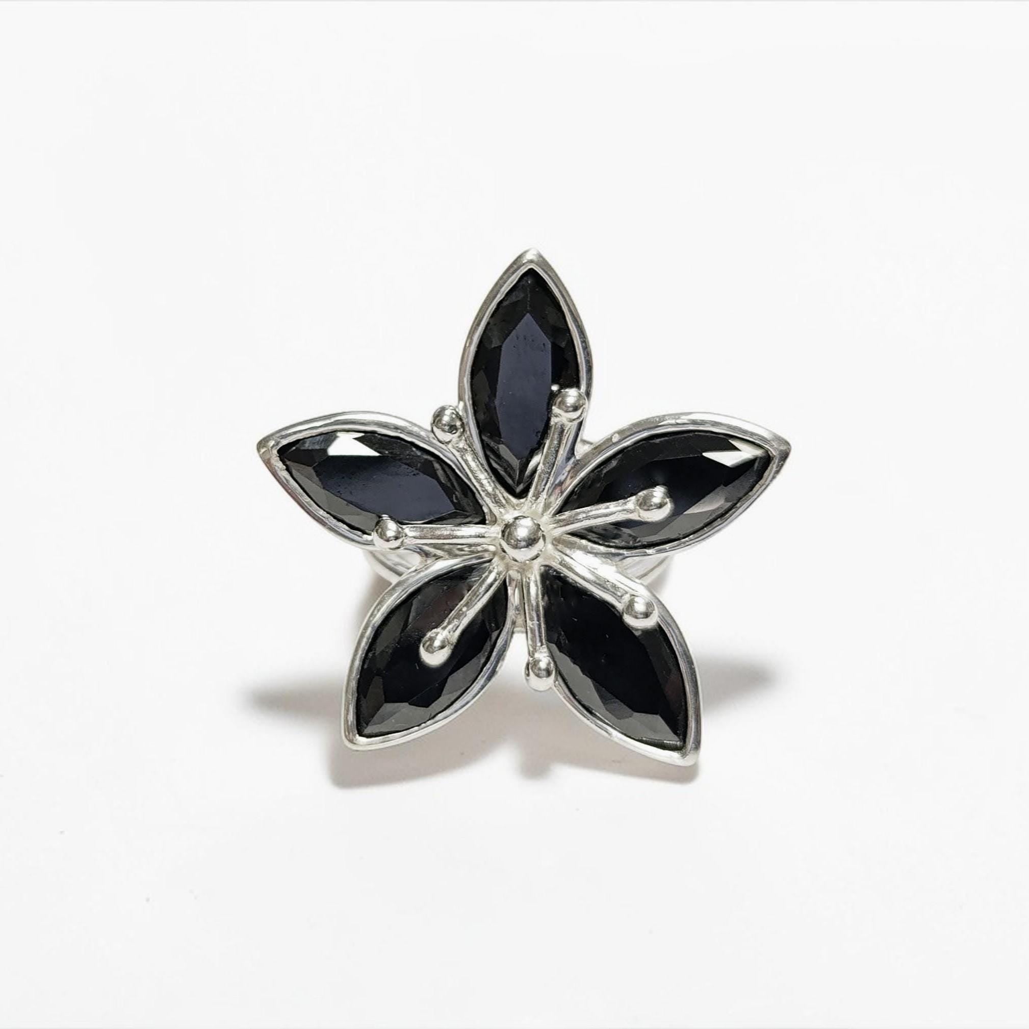 925 Black Flower Ring, Sterling Silver, Women Silver Ring, Nature Inspiring Ring, Hibiscus Ring, Big Flower Ring, Statement Ring,