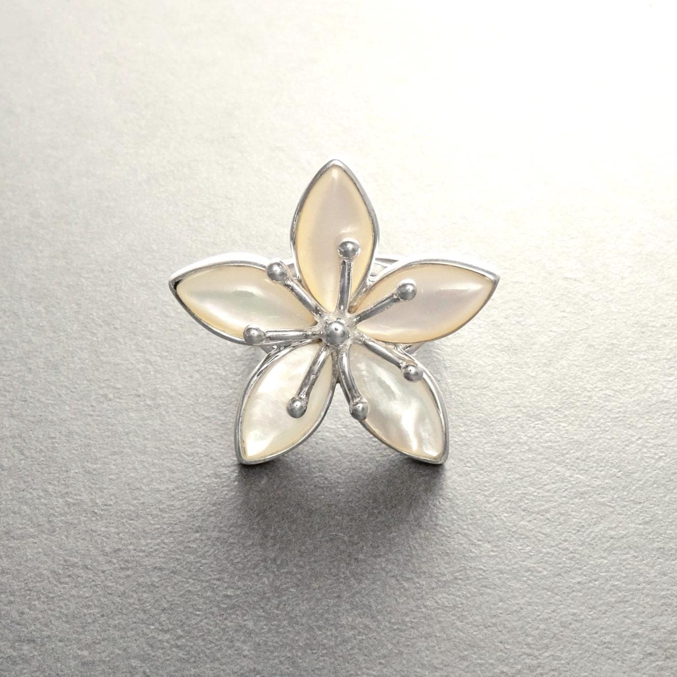 925 Cherry Blossom Ring, Sterling Silver, Wide Flowers Petals Jewelry, Nature Inspired Ring, Unique White Mother of Pearl.