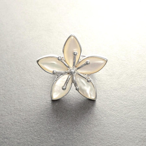 925 Cherry Blossom Ring, Sterling Silver, Wide Flowers Petals Jewelry, Nature Inspired Ring, Unique White Mother of Pearl.