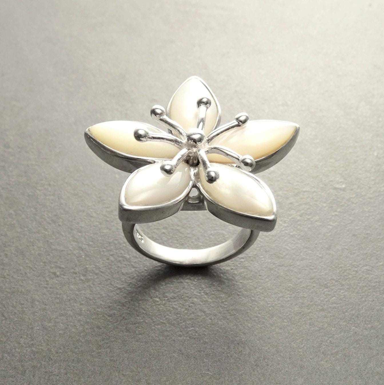 925 Cherry Blossom Ring, Sterling Silver, Wide Flowers Petals Jewelry, Nature Inspired Ring, Unique White Mother of Pearl.