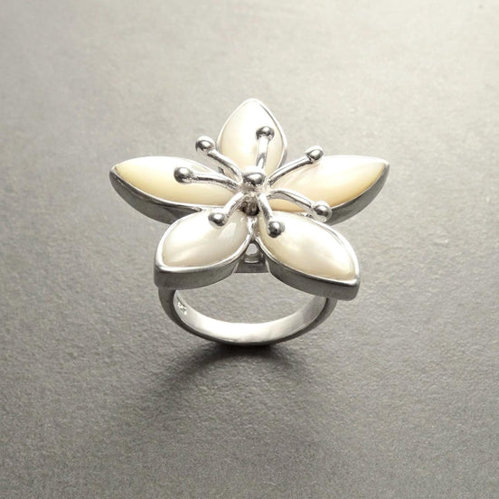 925 Cherry Blossom Ring, Sterling Silver, Wide Flowers Petals Jewelry, Nature Inspired Ring, Unique White Mother of Pearl.