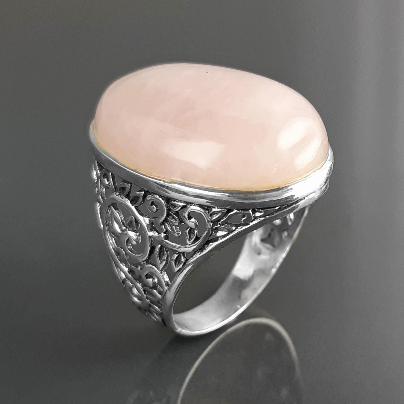 NATURAL Pink Quartz 925 Ring, Sterling Silver, Oval Rose Quartz Stone Gemstone, Vintage Baroque Medieval Romantic Design Jewelry By KRAMIKE
