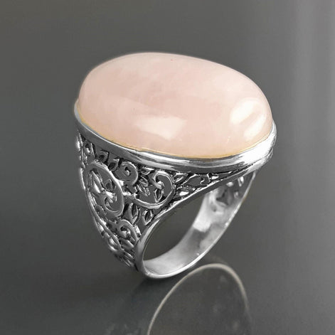 NATURAL Pink Quartz 925 Ring, Sterling Silver, Oval Rose Quartz Stone Gemstone, Vintage Baroque Medieval Romantic Design Jewelry By KRAMIKE