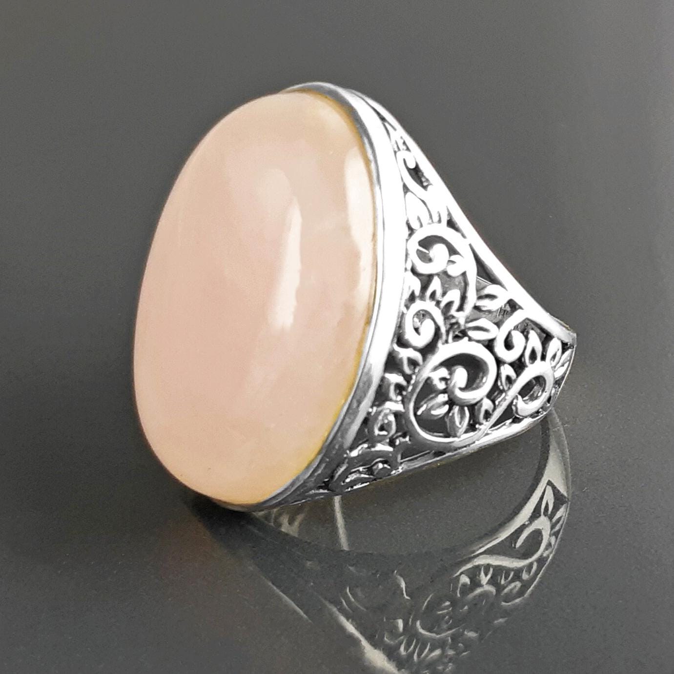 NATURAL Pink Quartz 925 Ring, Sterling Silver, Oval Rose Quartz Stone Gemstone, Vintage Baroque Medieval Romantic Design Jewelry By KRAMIKE