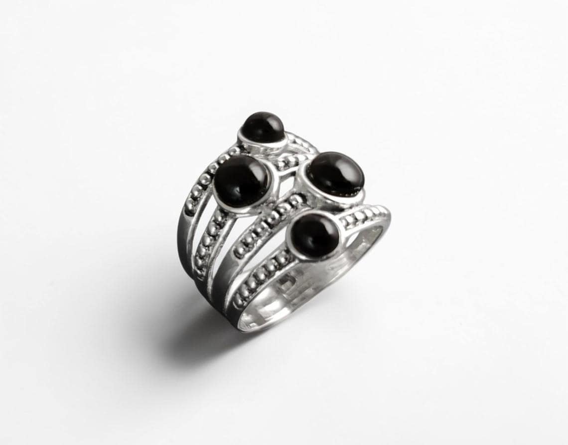Onyx Multi Band Ring • Sterling Silver • Boho Black Stone Jewelry • Statement Antique Style gift for Her