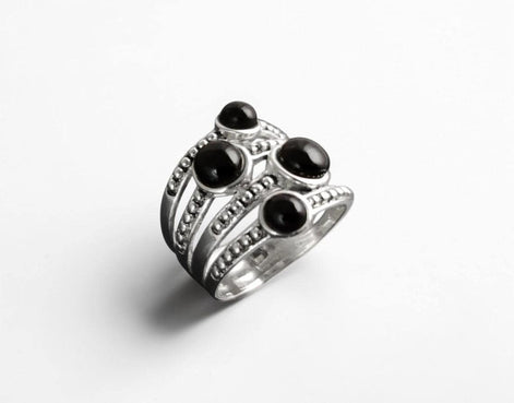 Onyx Multi Band Ring • Sterling Silver • Boho Black Stone Jewelry • Statement Antique Style gift for Her