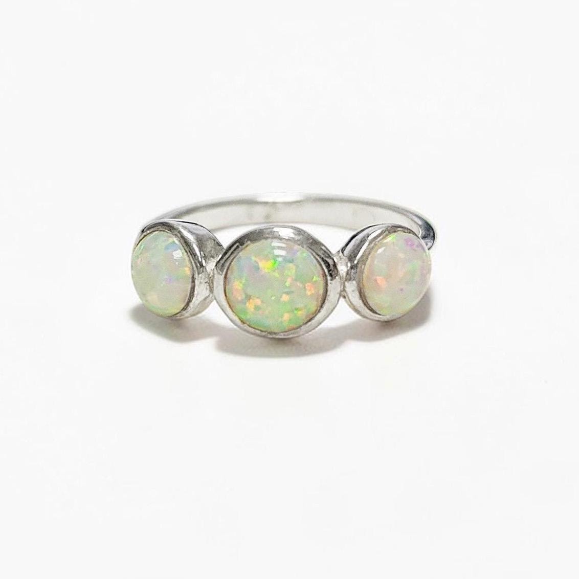 925 Opal Ring Sterling Silver, Three Opal Stones Domed Ring, Fiery White Fire Opals Stone Birthstone, loyalty, faithfulness, and hope.