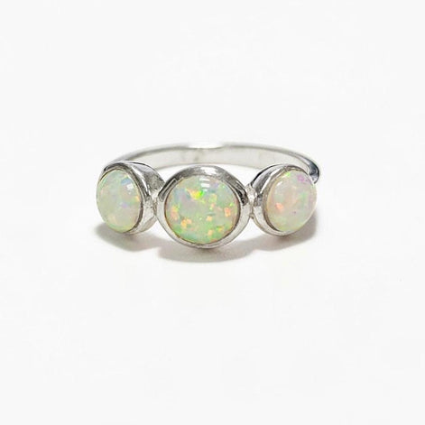 925 Opal Ring Sterling Silver, Three Opal Stones Domed Ring, Fiery White Fire Opals Stone Birthstone, loyalty, faithfulness, and hope.