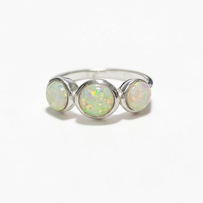 925 Opal Ring Sterling Silver, Three Opal Stones Domed Ring, Fiery White Fire Opals Stone Birthstone, loyalty, faithfulness, and hope.