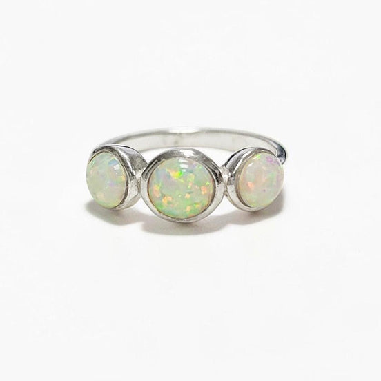 925 Opal Ring Sterling Silver, Three Opal Stones Domed Ring, Fiery White Fire Opals Stone Birthstone, loyalty, faithfulness, and hope.