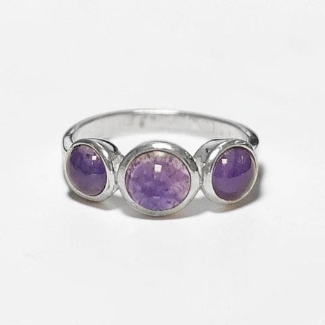 925 Sterling Silver Ring with Three Round Amethyst Stones, Genuine Amethyst Birthstone. Small Unique Jewelry